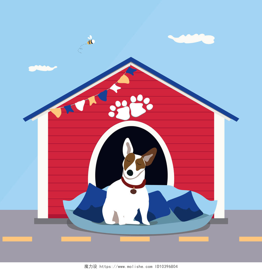 蓝色背景上可爱的狗和它的狗窝可爱的手牵着狗在靠近红狗宾馆和小蜜蜂的枕头上。在蓝色背景上孤立的种群图解。招贴画、面料、纺织品、幼儿装饰等的设计.